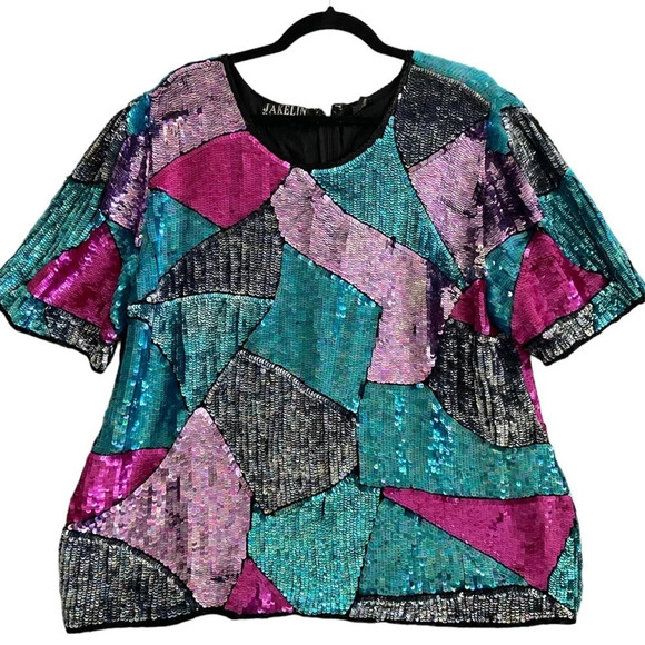 Vintage Jakelin Designs silk rayon sequin short sleeve shirt mini dress Sz 2X - Picture 6 of 10